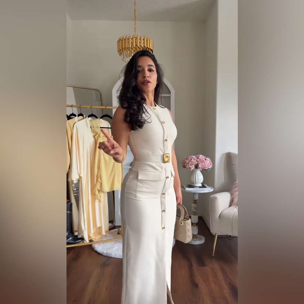 Zara NWT Elegant Cream Sleeveless Belted Midi Dress with Gold Details (Medium) - Picture 6 of 16